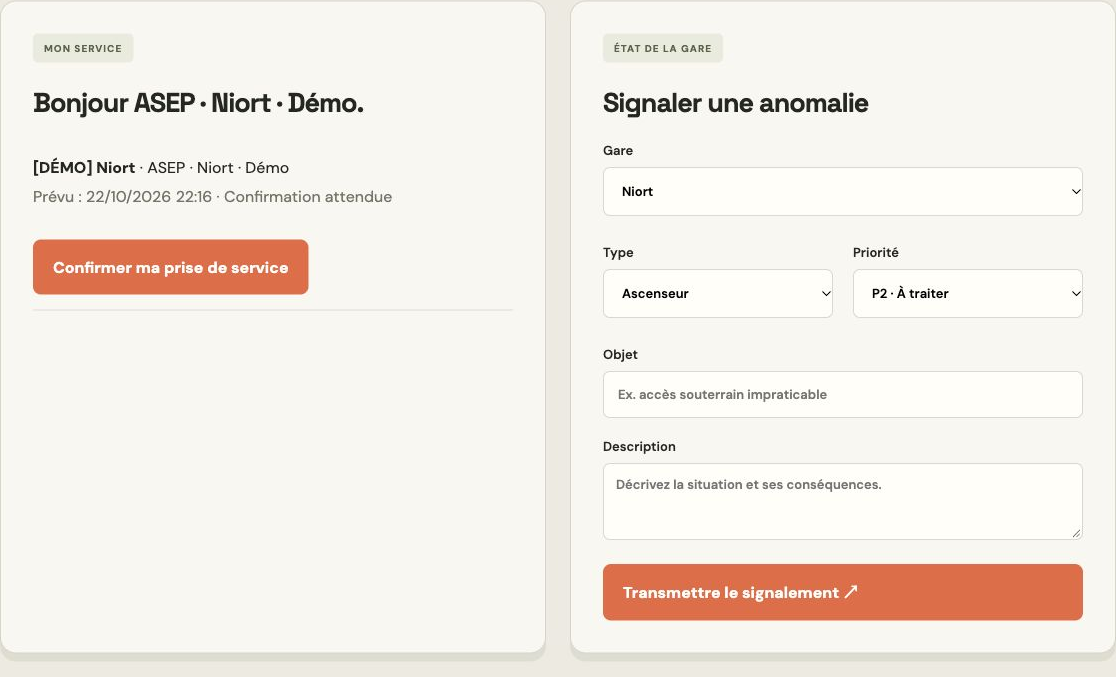 Écran de démonstration ASEP. Les horaires et les événements sont fictifs.