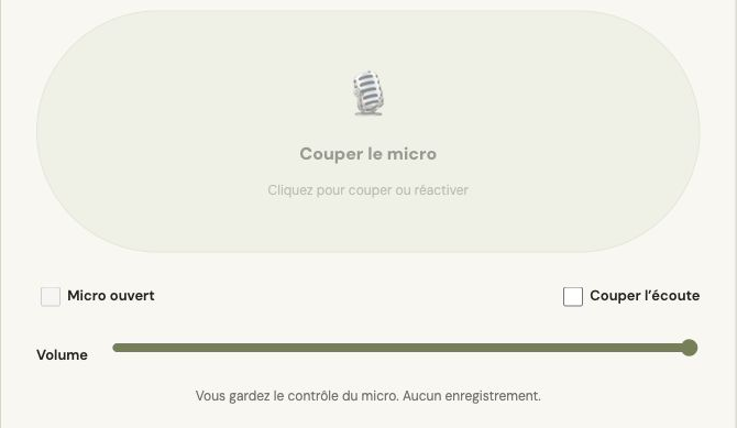 Repère visuel avant connexion au salon. Le micro devient actif après l’entrée.