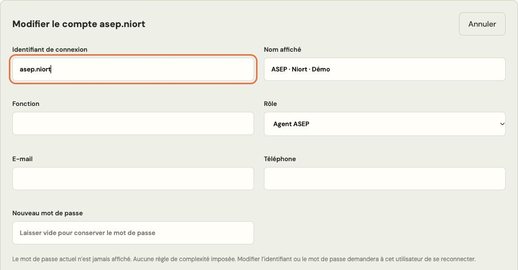 Haut de l’éditeur de compte de démonstration.